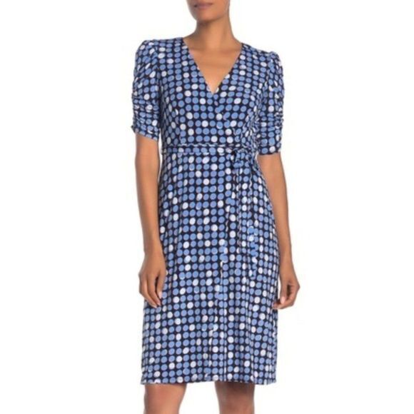 NEW Eliza J Dot Print Ruched Half Sleeve Dress - Picture 1 of 2
